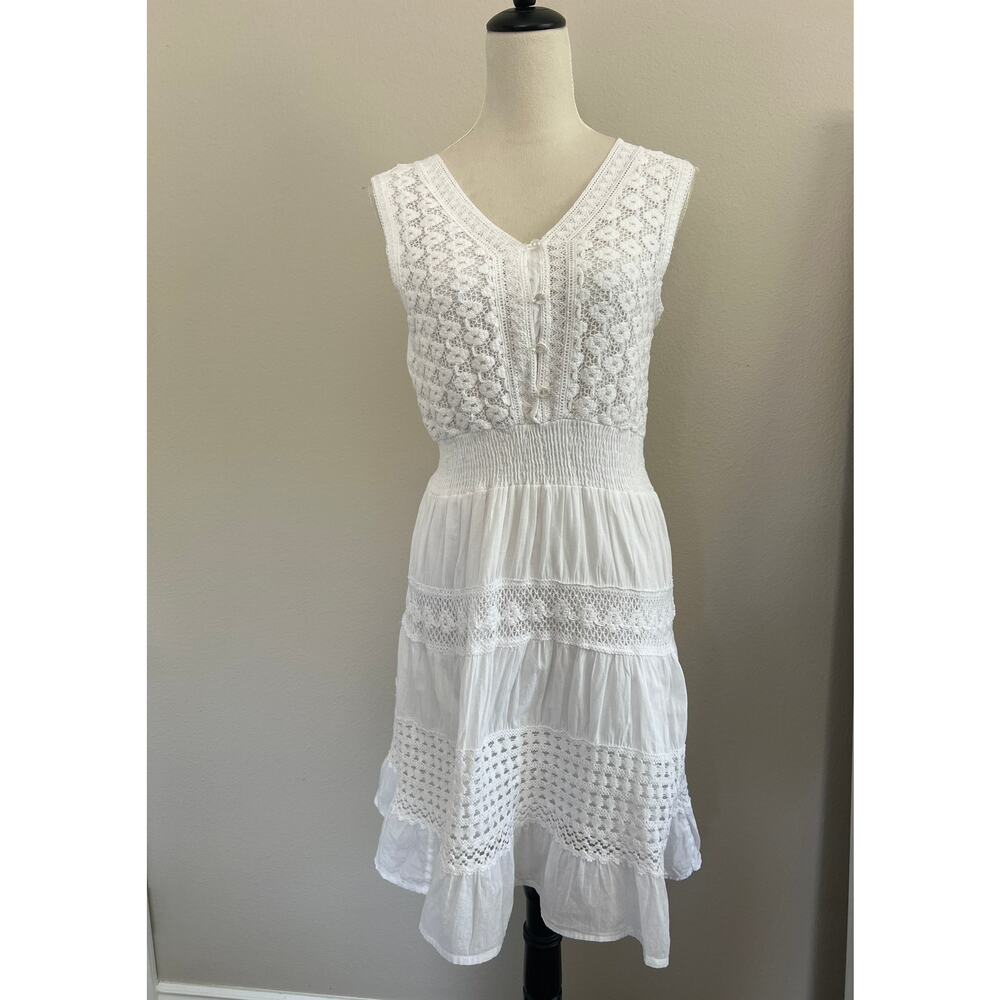 NAOO Nation AK Outfitters Dress Womens Medium White Crochet Smocked Waist Lined